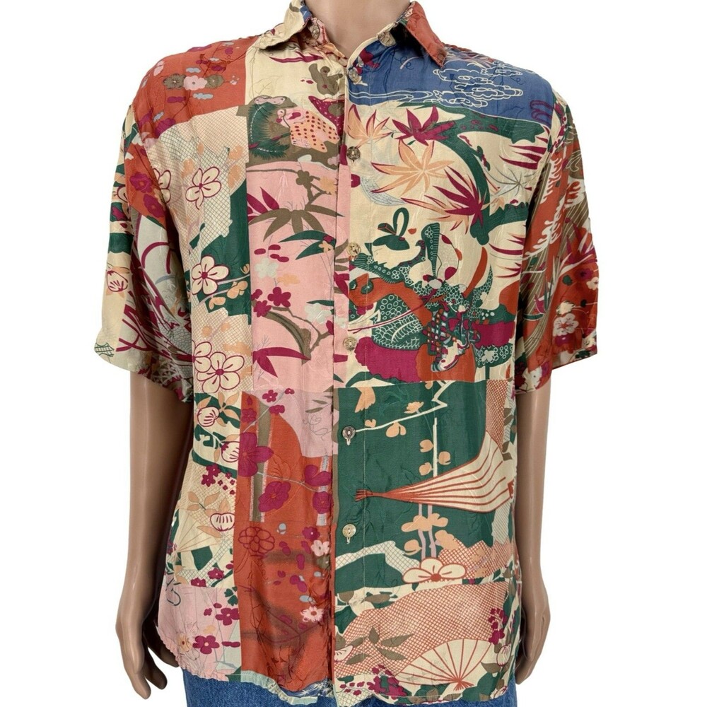 Citron Santa Monica Men’s L 100% Silk Shirt Dragon‎ Floral Patchwork